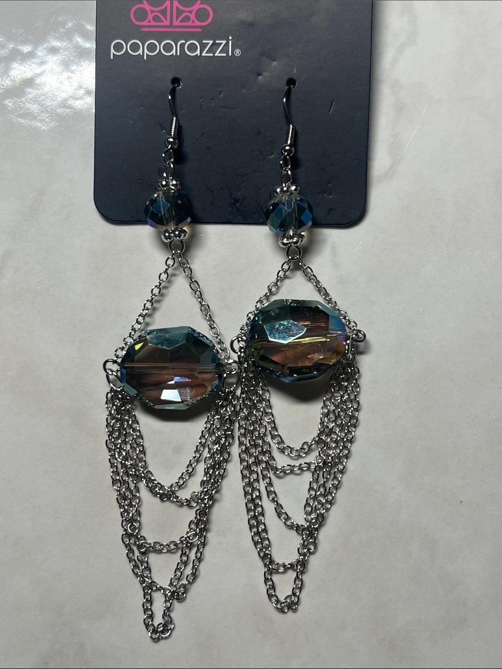 Paparazzi Silver-Tone Blue-Green Iridescent Faceted Drape Earrings